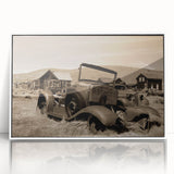 Art deco poster of a geometric building in monochrome shades, framed in white acrylic.