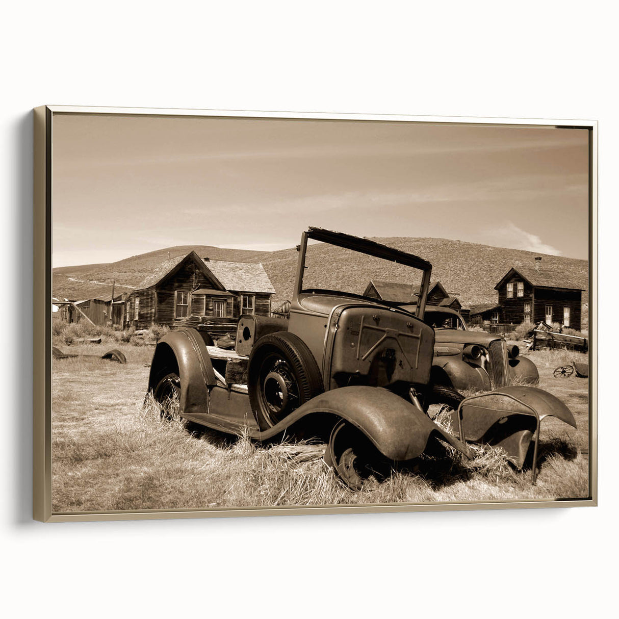 Framed canvas featuring a vintage poster of a colorful, abstract landscape art painting.