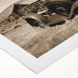 Art Deco style poster of a geometric building, in muted beige and brown tones on rolled canvas, ideal for nursery wall art.