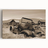 Large black and white photograph of a derelict building on stretched canvas, ideal for kitchen wall art or bedroom ambiance.