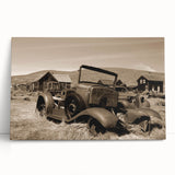 Black and white photograph of a derelict building on a large stretched canvas, suitable for kitchen wall art.