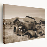 Side view of a stretched canvas featuring a large, abstract architectural design in muted gray and blue tones.