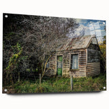 Large abstract wall art on acrylic glass depicting geometric shapes in muted gray and blue tones.