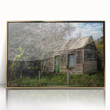 Mid-century modernist acrylic print of abstract architecture in gold and black tones, ideal for modern art wall decor.