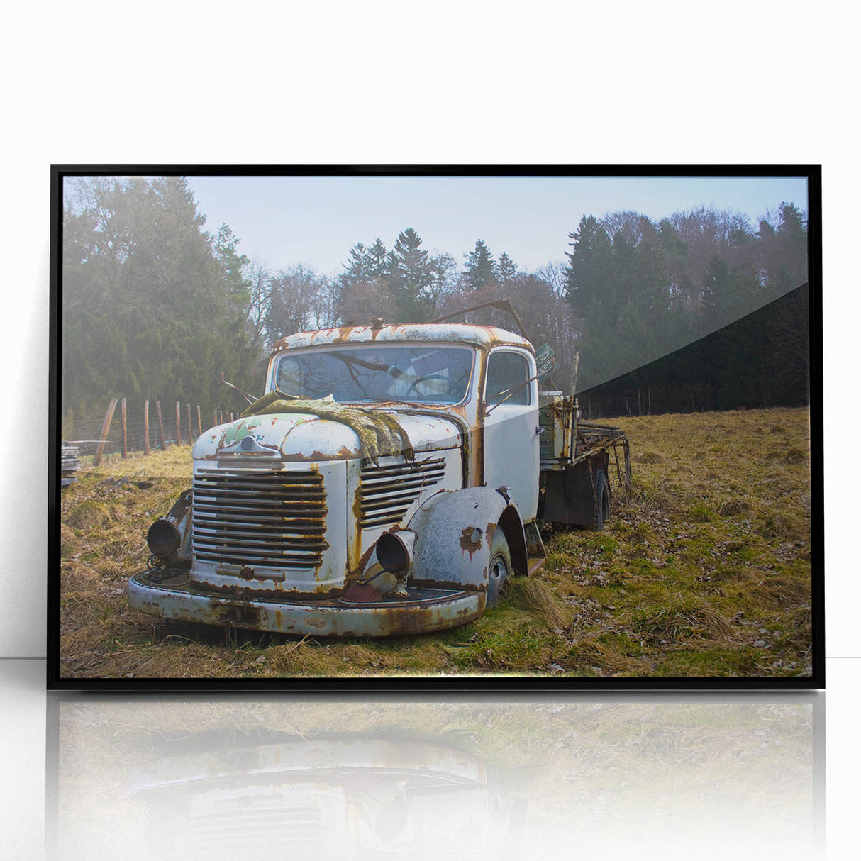 Large acrylic print of a mid-century modernist derelict building in muted gray and black, ideal for modern art wall decor.