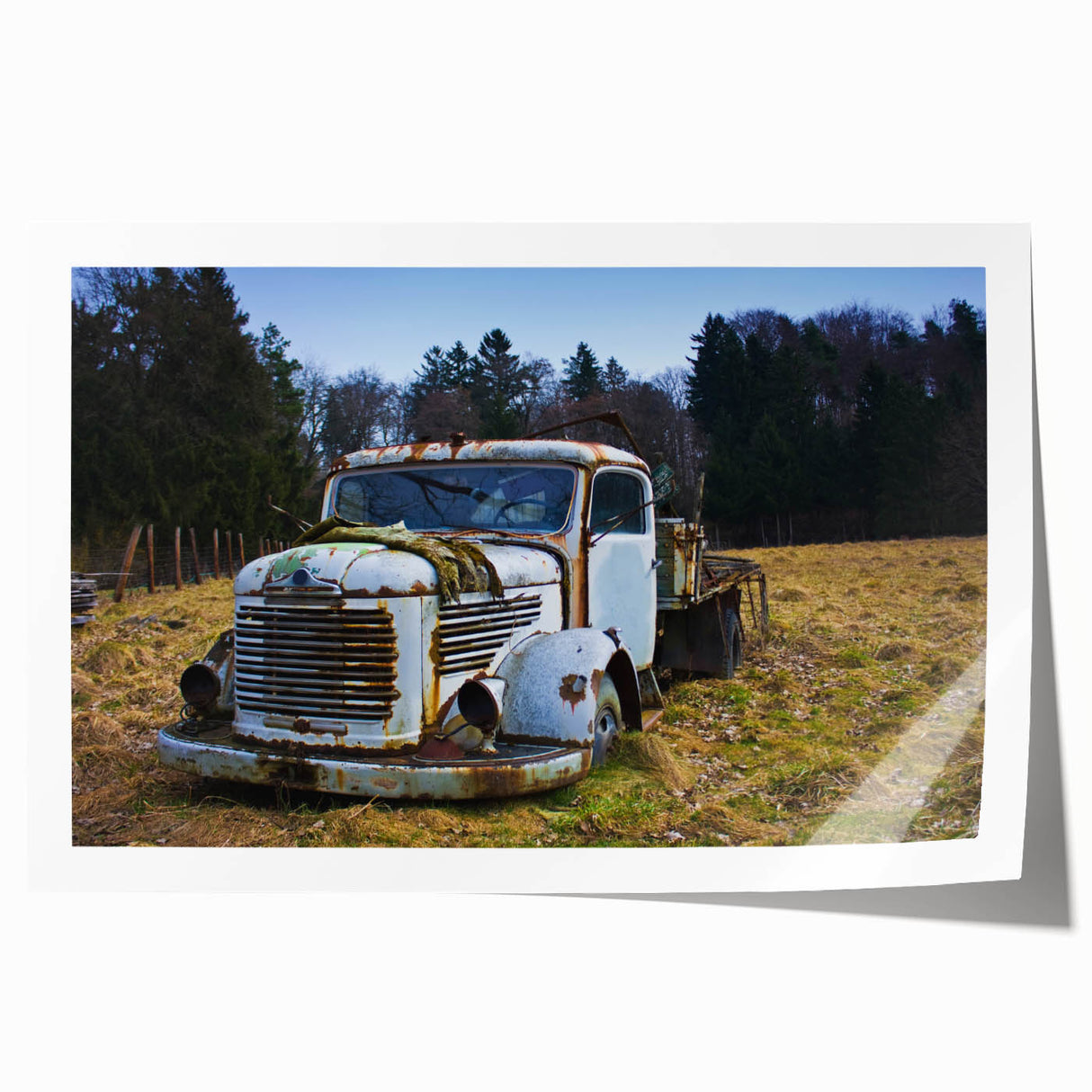 Extra large rolled print featuring a derelict building design with muted gray and pastel tones.