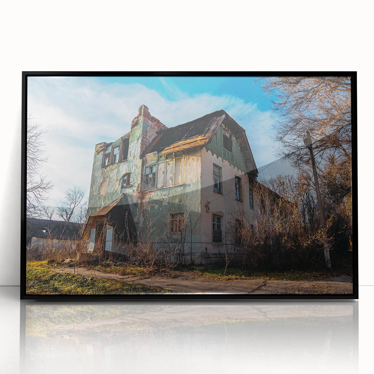 Large abstract wall art depicting derelict architecture in muted gray tones on a framed acrylic, suitable for modern decor.