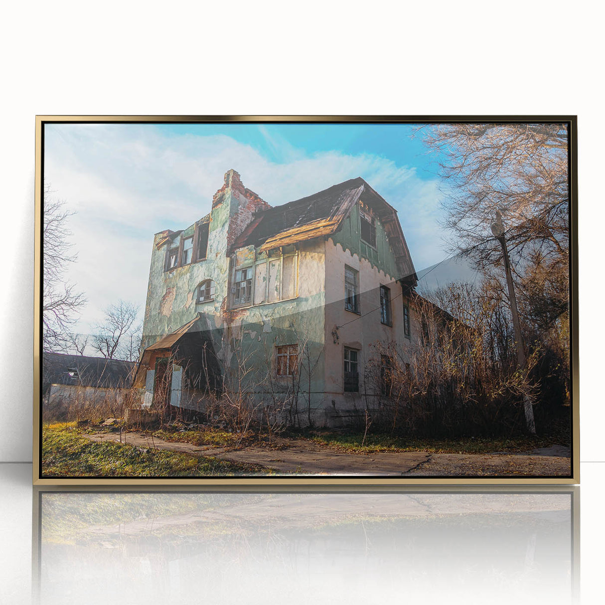 Mid-century modernist large art print depicting an abstract cityscape in muted gold tones, framed in acrylic.