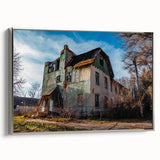 Extra large framed canvas featuring a vintage poster art of a derelict building.