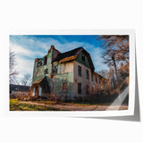 Rolled print of a derelict building in muted sepia tones, suitable for art wall dining room or classy bathroom.