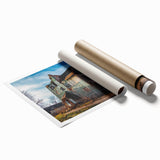 Extra large rolled print of a derelict building with muted gray tones, ideal for classy bathroom wall art.