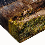 Large art depicting a black and white derelict building landscape on stretched canvas, suitable for bedroom wall decor.