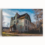 Black and white photo of a derelict building on a large stretched canvas, suitable for kitchen wall art.