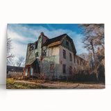 A large, black and white photo print on canvas featuring a derelict building, ideal for kitchen wall art or bedroom decor.