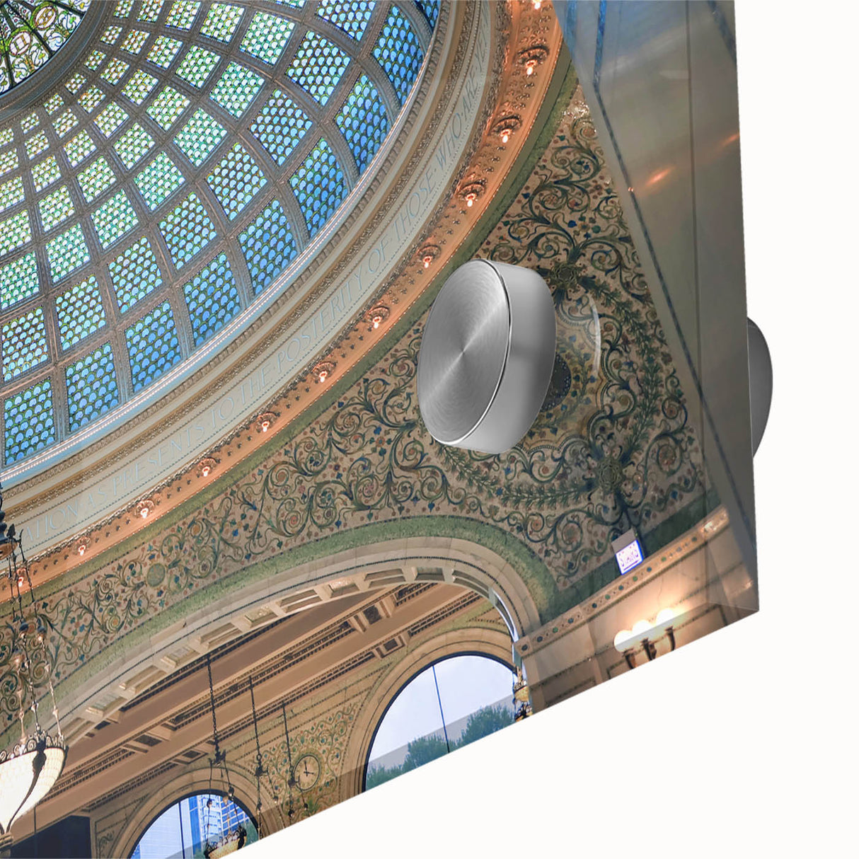 Large abstract wall art featuring geometric domes in muted earth tones on acrylic glass, ideal for dining room decor.