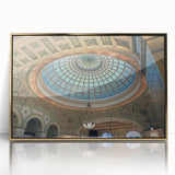 Mid-century modernist art featuring architectural domes in gold and beige tones on a framed acrylic.