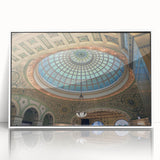 Art deco poster featuring symmetrical domes in muted gold and white tones on framed acrylic.