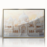 Mid-century modernist art depicting architectural domes in gold and white tones on a large acrylic print.
