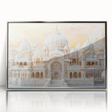 Mid-century modernist art featuring silver architectural domes on a framed acrylic print, suitable for nursery wall art.