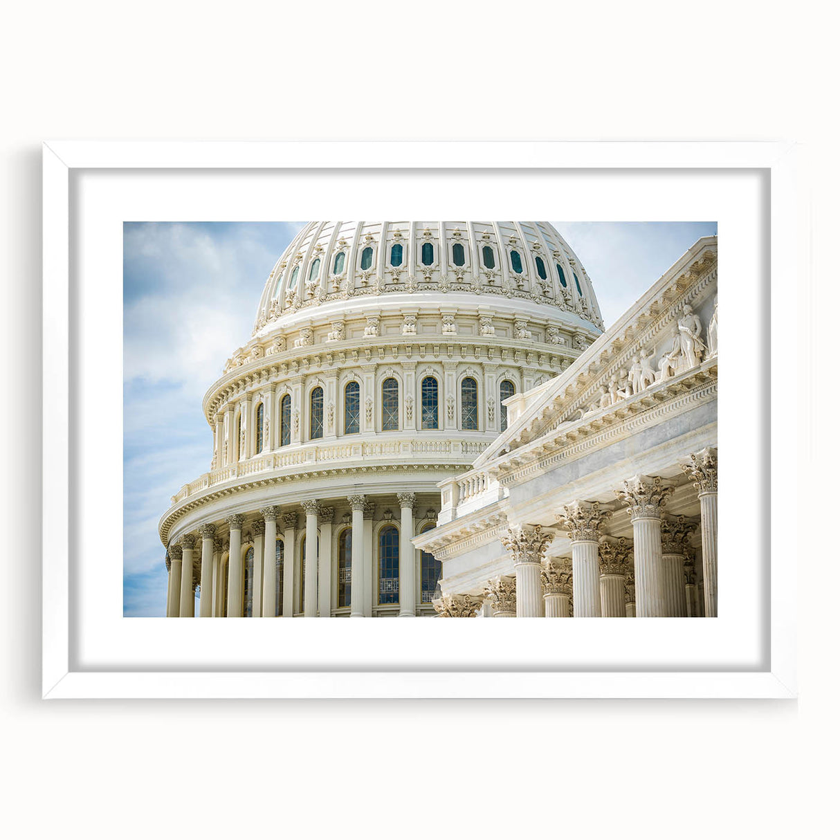Abstract art print featuring overlapping geometric domes in muted beige and white, framed with a white mat.