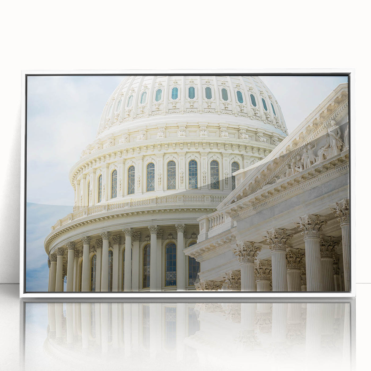 Art deco poster featuring architectural domes in muted gray, acrylic print framed in white, suitable for nursery wall art.