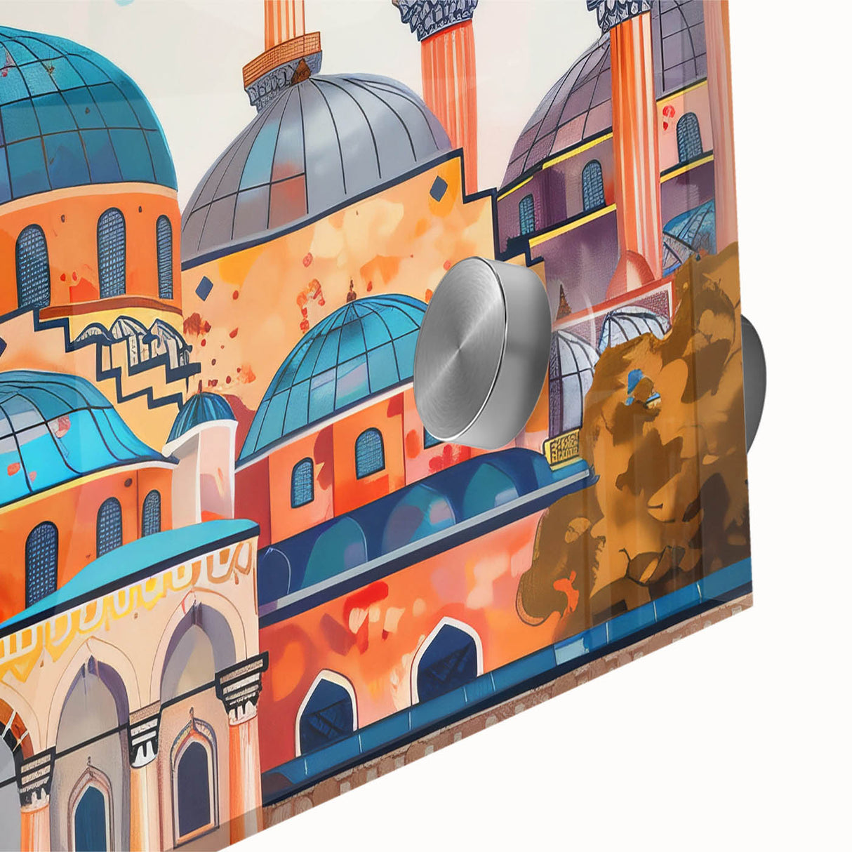 Large abstract wall art featuring mid-century modernist domes in muted earth tones on acrylic glass.