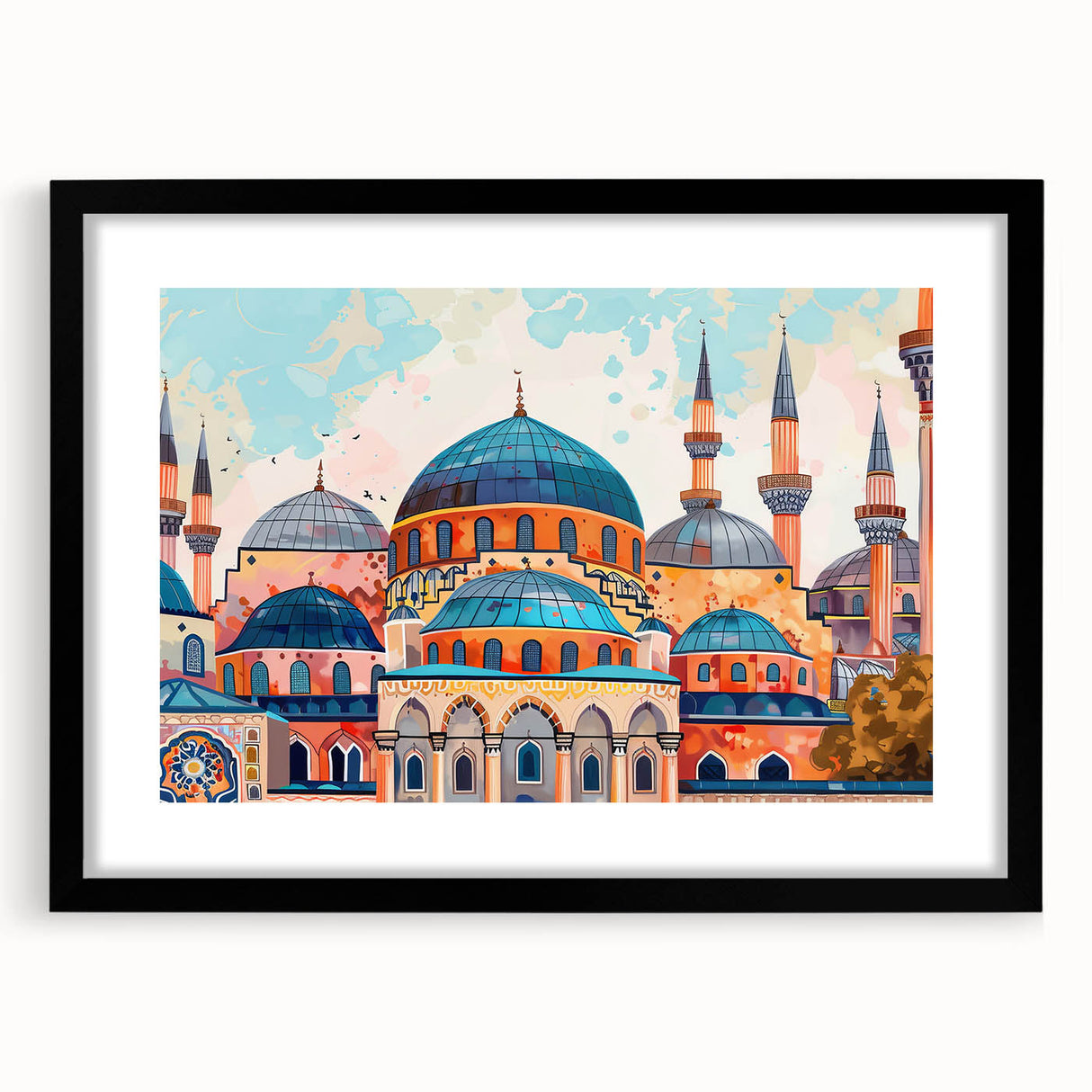 Extra large abstract art print featuring colorful, textured domes on a black framed canvas, ideal for living room decor.
