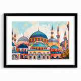 Extra large abstract art print featuring colorful, textured domes on a black framed canvas, ideal for living room decor.