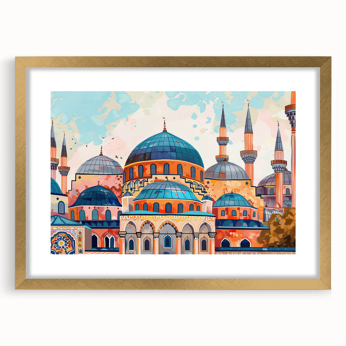 Extra large abstract art print featuring textured domes in gold and white, framed, ideal for living room decor.