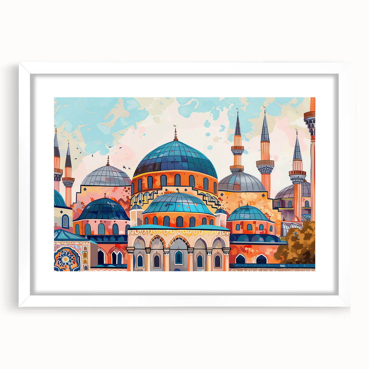 Abstract art print featuring geometric domes in muted gray, framed in white, suitable for dining room decor.