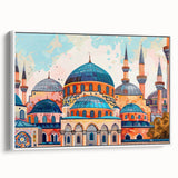 Framed canvas of vintage poster art featuring colorful architectural domes, ideal for living room decor.