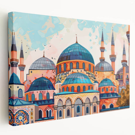 Side view of a large stretched canvas featuring a detailed architectural dome design in muted earth tones.