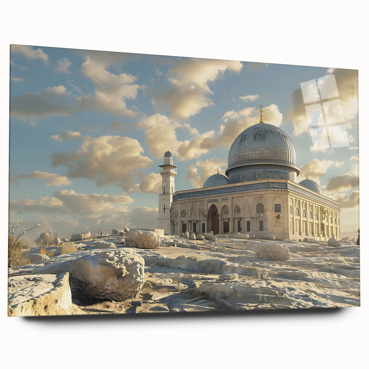 Large abstract wall art featuring overlapping geometric shapes in muted gray and blue tones, printed on acrylic glass.