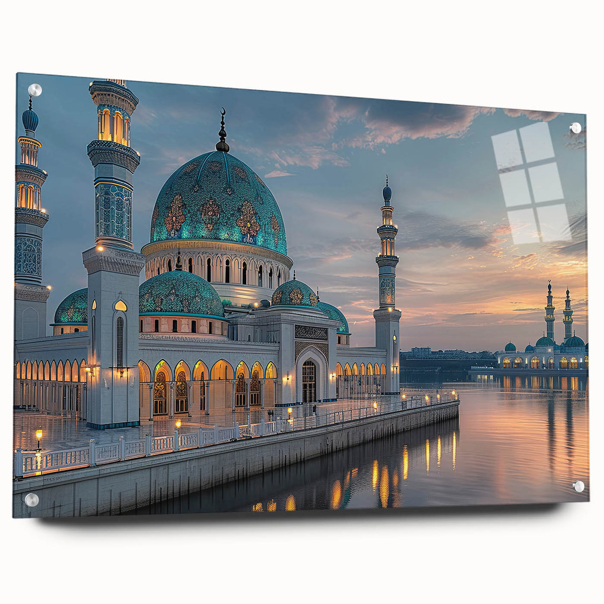 Side view of a large abstract wall art featuring architectural domes in muted tones on acrylic glass.