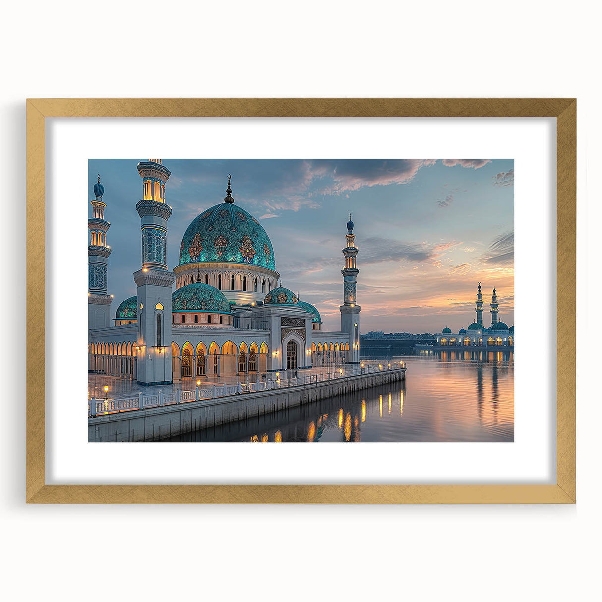 Extra large abstract art print of architectural domes in textured gold and white, framed, ideal for living room decor.