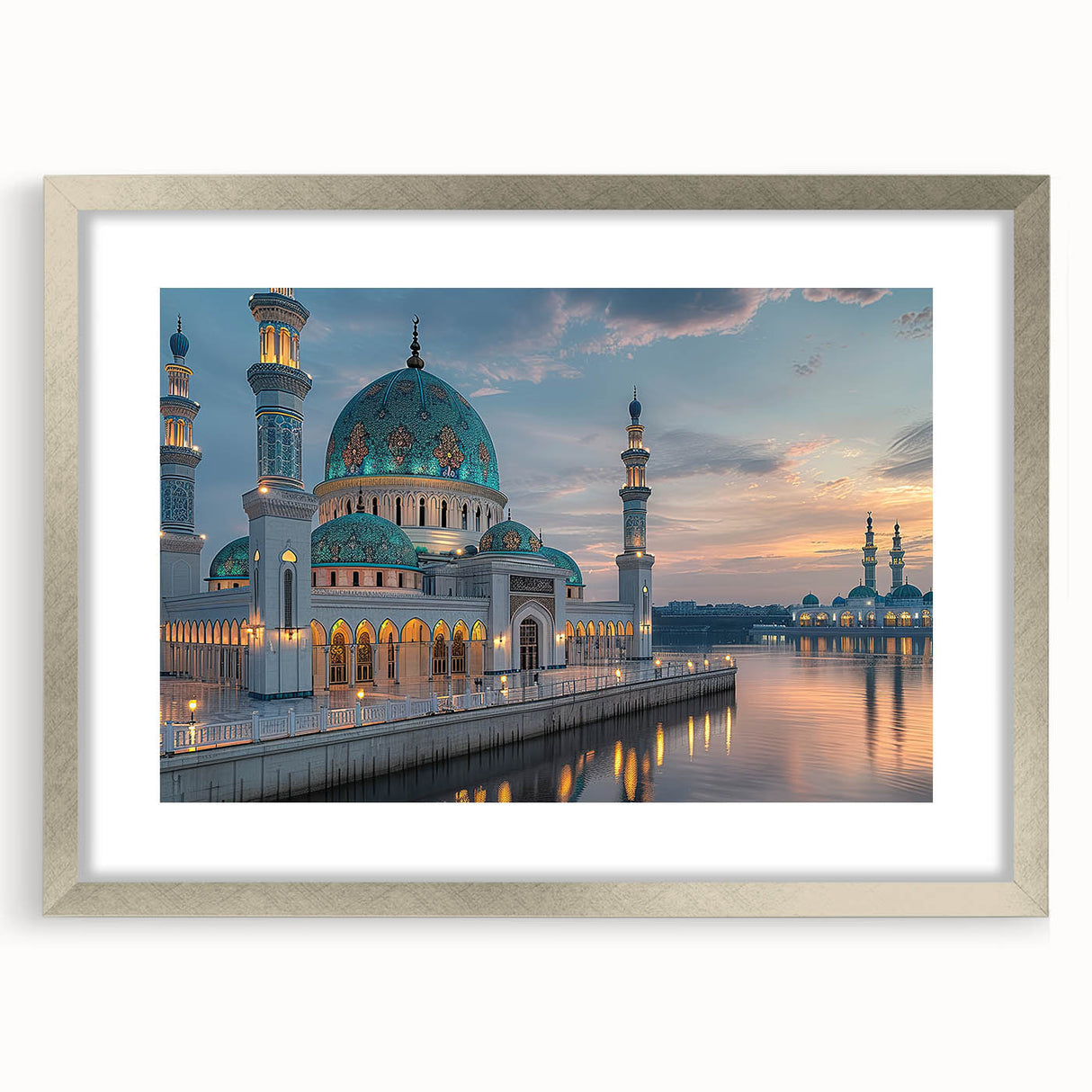 Textured abstract art print featuring architectural domes in muted gray tones, framed in silver, ideal for bedroom art.