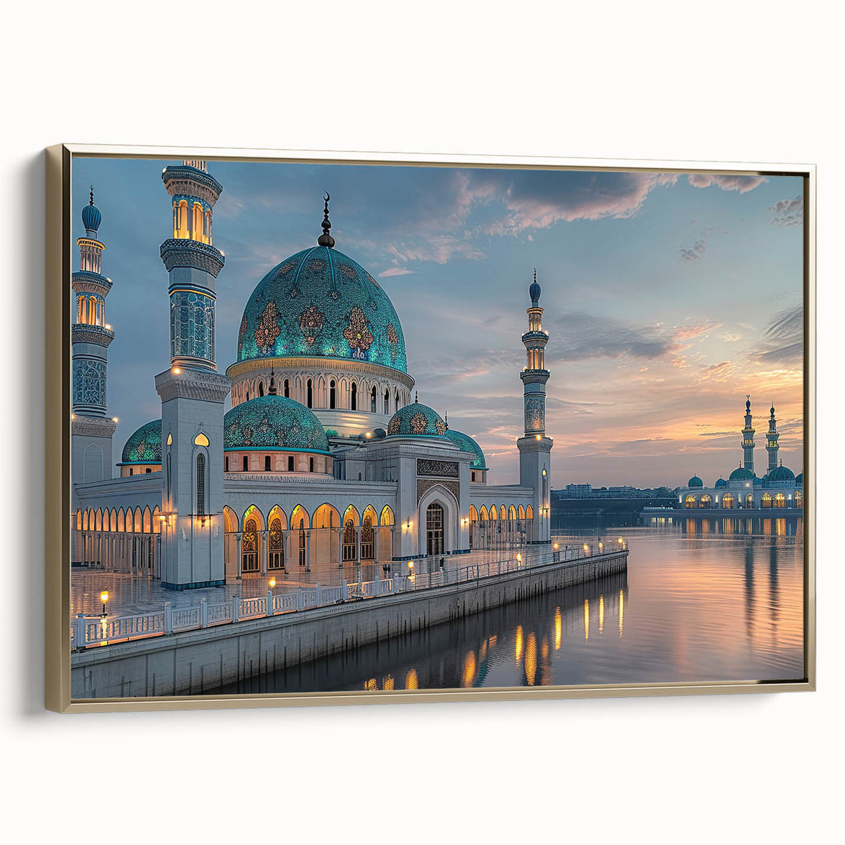 Framed canvas showing a vintage poster of architectural domes in black and gold, ideal for bedroom wall art.