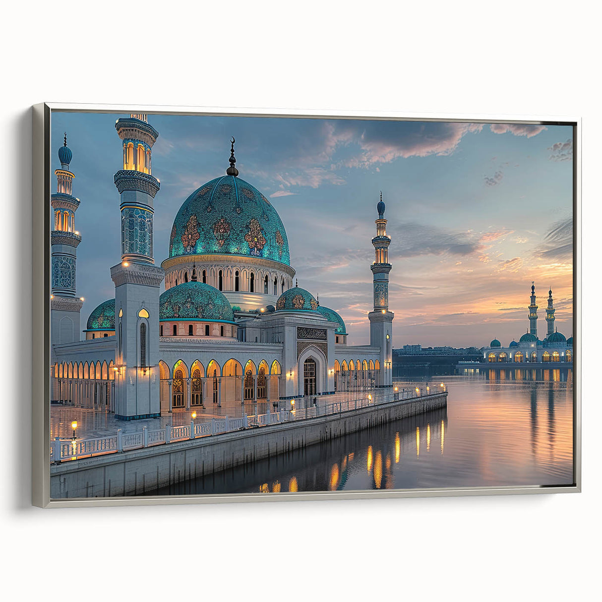Framed canvas of vintage poster art featuring colorful landscape paintings with black wall art and architecture domes in…
