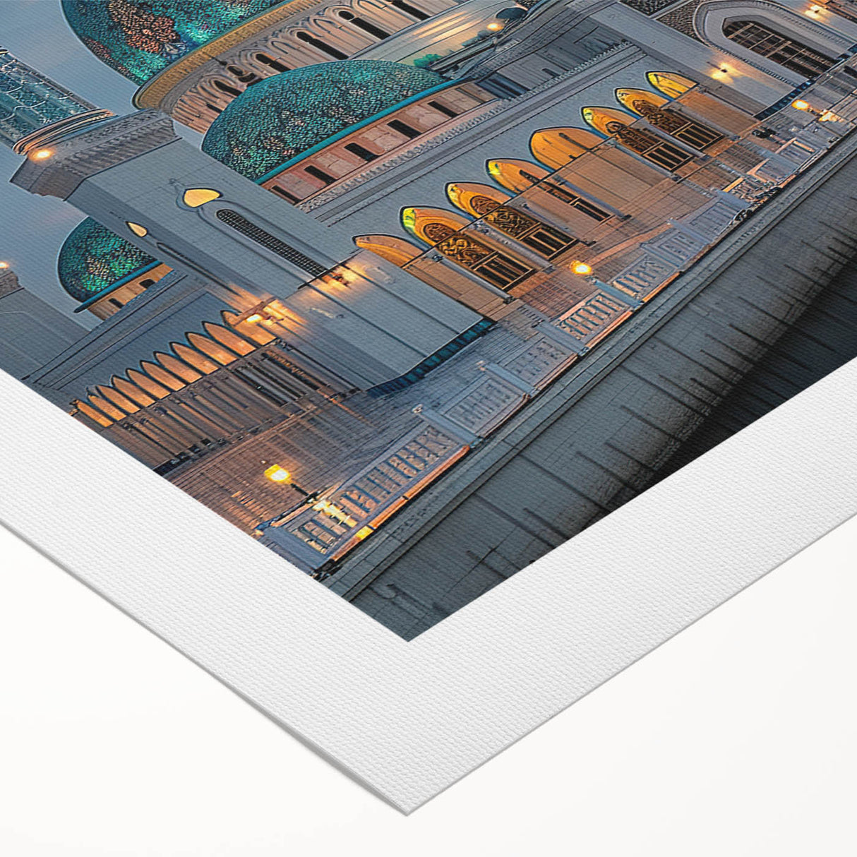Art Deco poster featuring geometric domes in muted gold and navy, printed on rolled canvas, suited for dining room walls.
