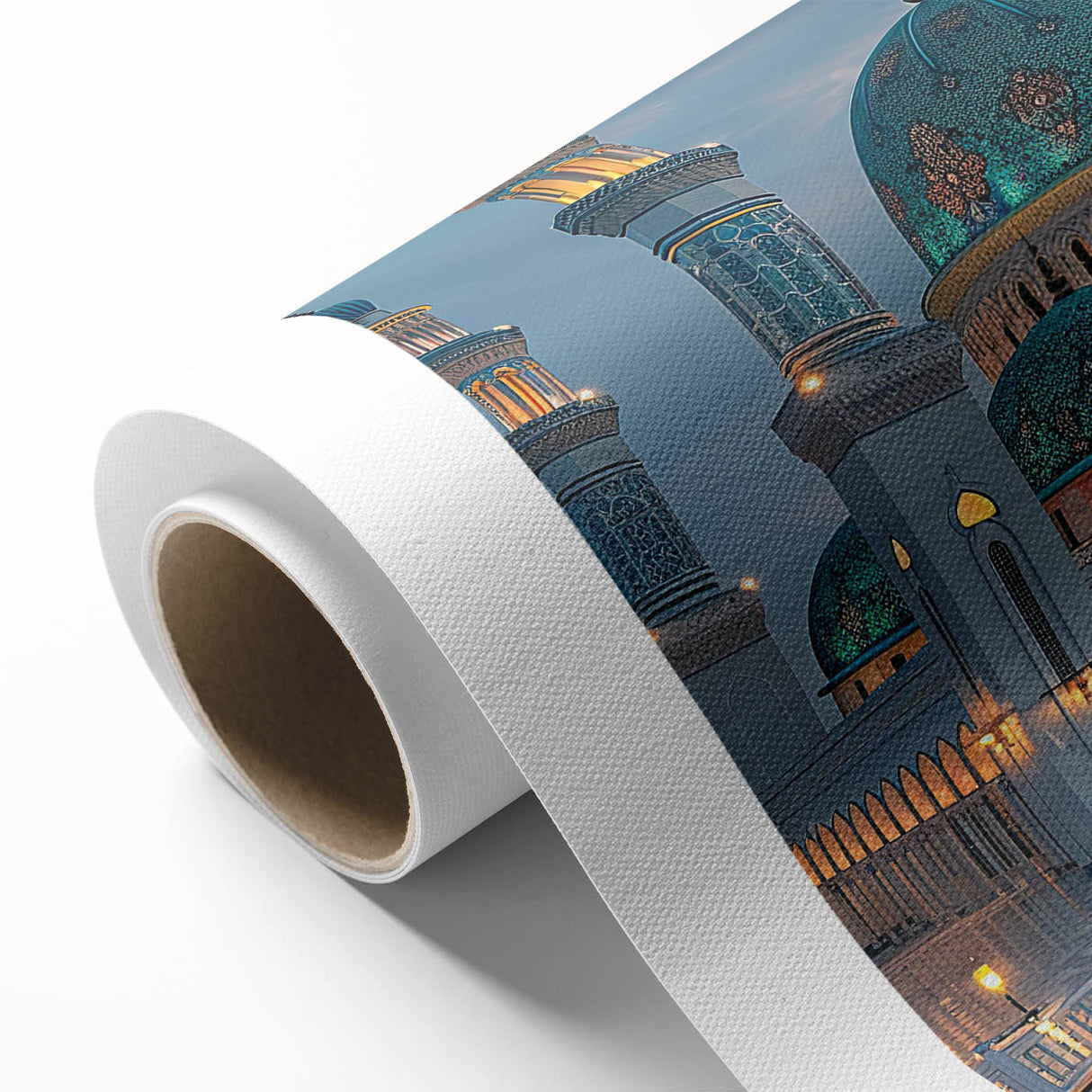 Art Deco poster featuring symmetrical architecture domes in beige and gold, printed on rolled canvas.