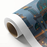 Art Deco poster featuring symmetrical architecture domes in beige and gold, printed on rolled canvas.