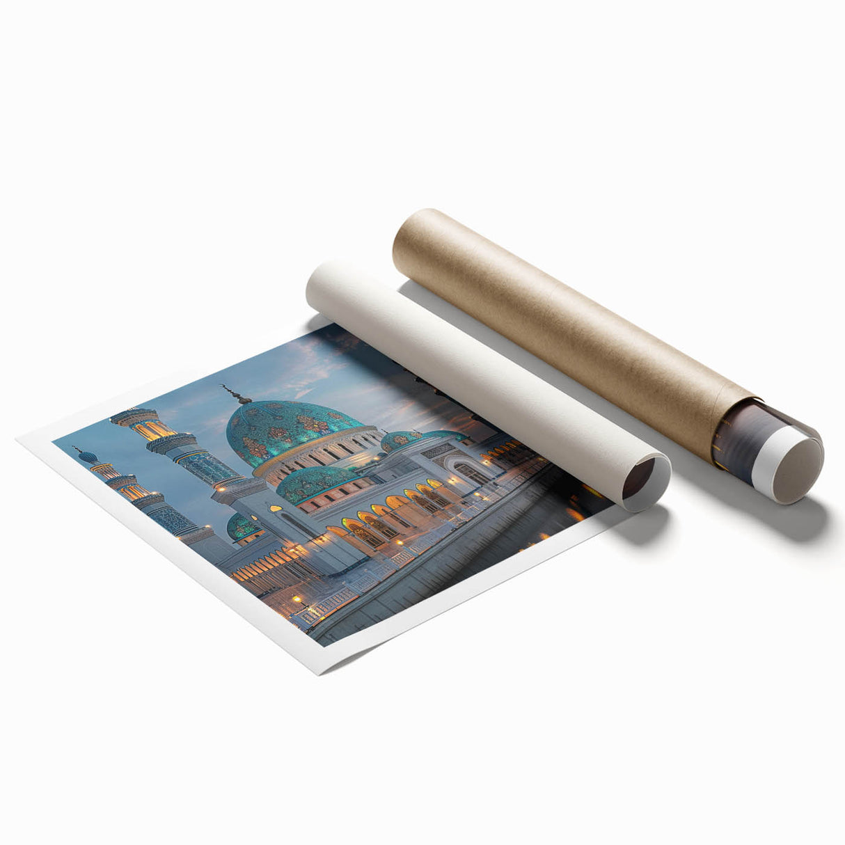 Extra large rolled print featuring floral art on architecture domes, in muted pastel shades, ideal for classy bathroom decor.