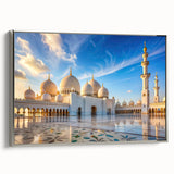 Framed canvas of a vintage-style landscape art painting featuring colorful architecture domes against a black background.