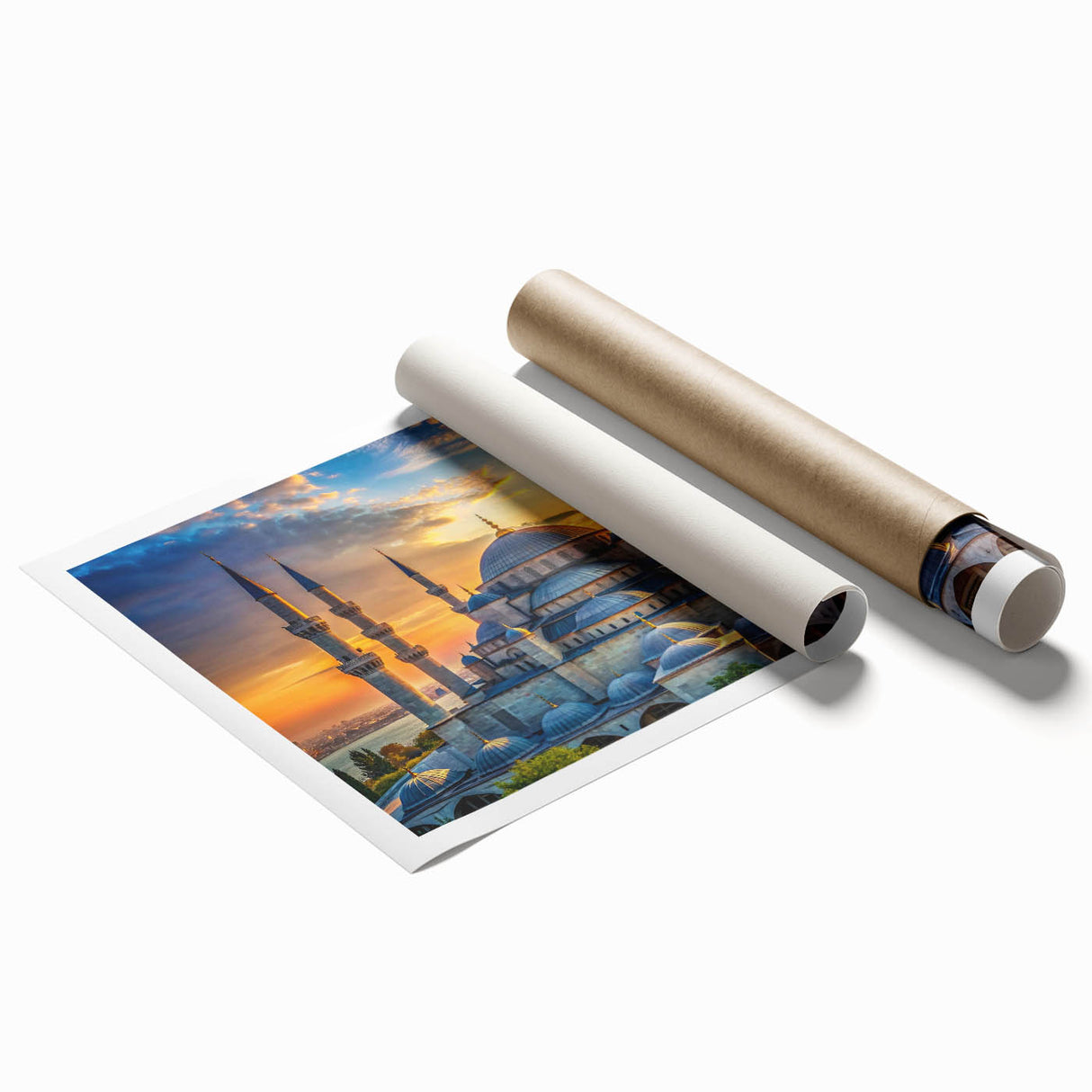 Extra large rolled print featuring architectural domes in muted earth tones, ideal for classy bathroom wall art.