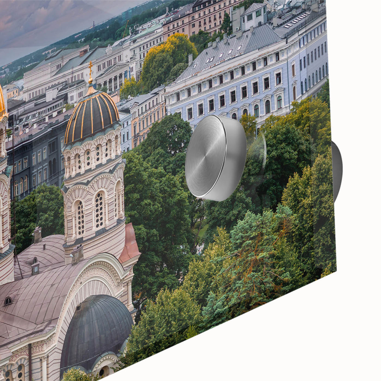 Mid-century modernist acrylic print featuring large abstract domes in muted earth tones, ideal for dining room art.