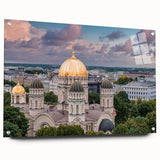 Large abstract wall art on acrylic glass featuring architectural domes in muted gray, ideal for bedroom or dining room decor.