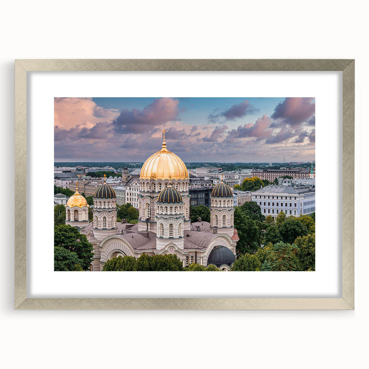 Textured abstract art print of architectural domes in silver frame, suitable for bedroom wall decor.
