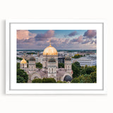 Abstract art print featuring geometric domes in muted gray on a white framed canvas, ideal for dining room decor.