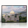 Large abstract wall art depicting geometric domes in muted gray and white tones, framed in black.