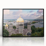 Large abstract wall art depicting geometric domes in muted gray and white tones, framed in black.